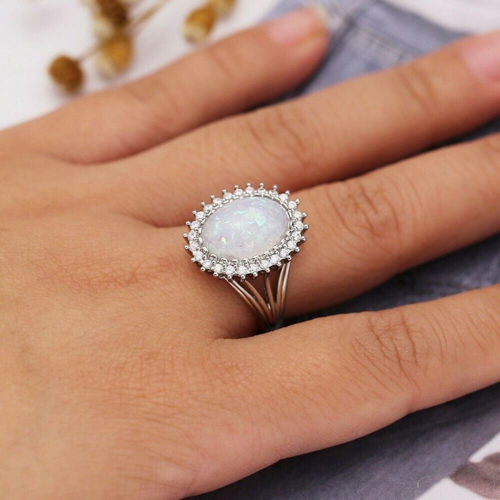 *NEW Huge Opal Diamond Halo Sterling Silver Ring - Picture 2 of 7